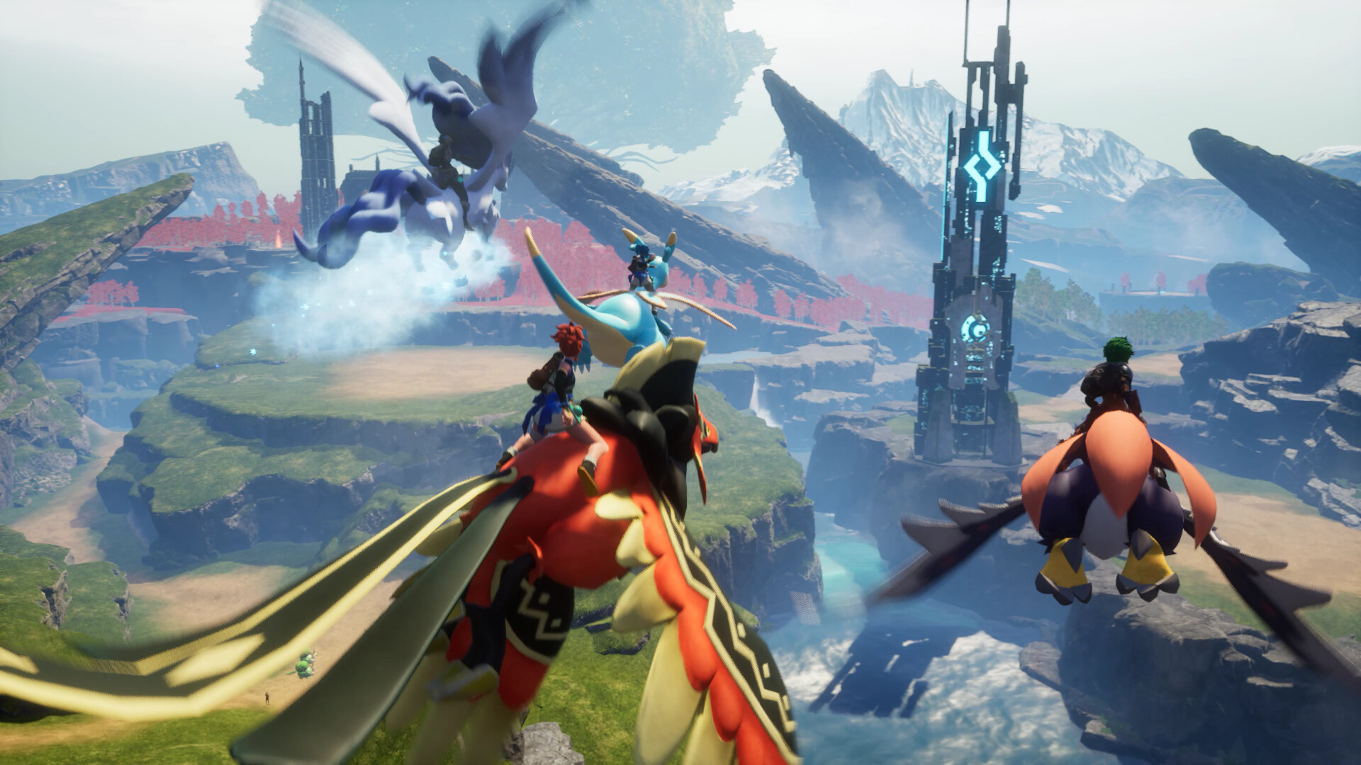 Palworld multiplayer co-op med spillere på flyvende monter