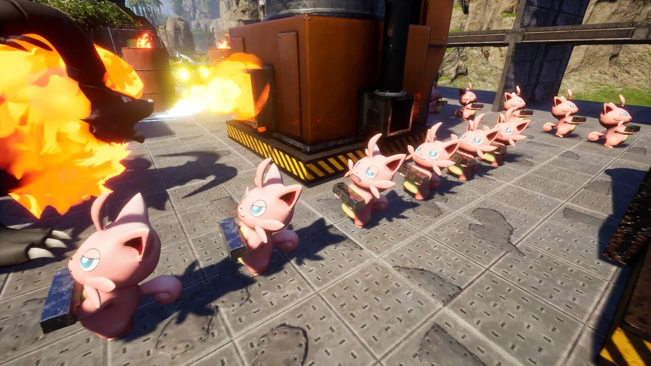 Palworld base with many pals working at a smelter; entity count drives the leak
