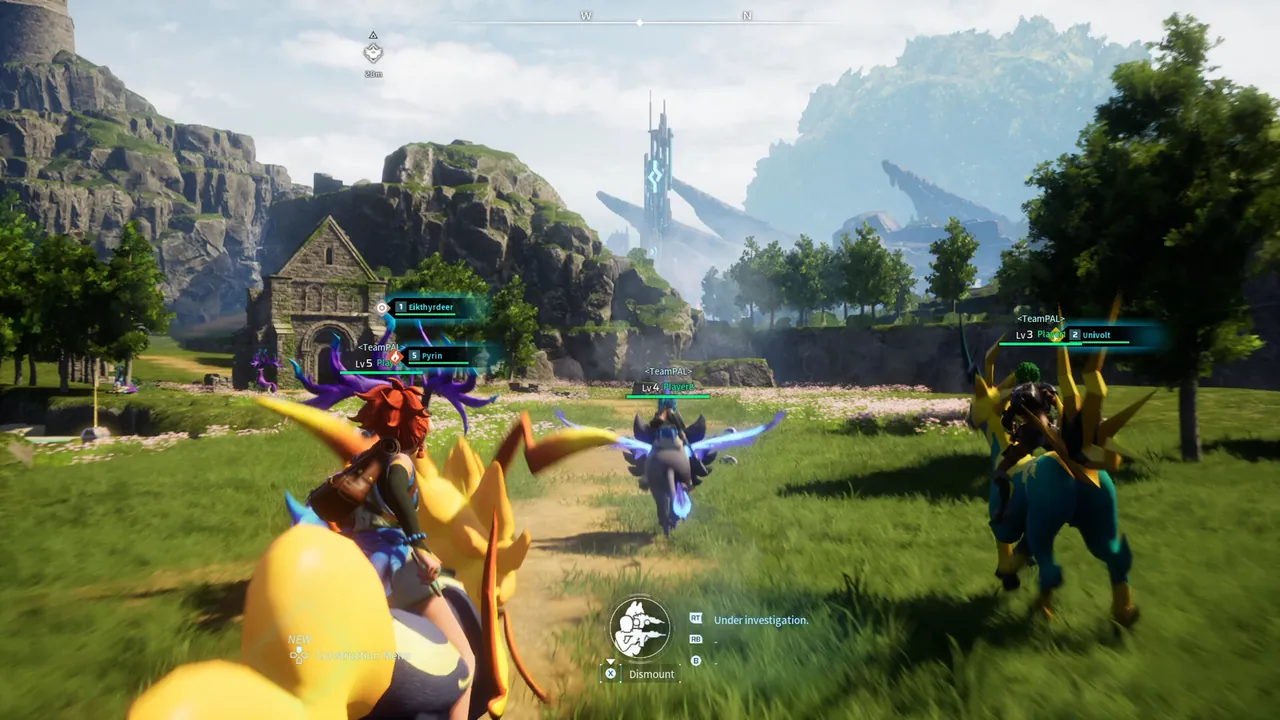 Palworld players riding mounted pals through a multiplayer settlement