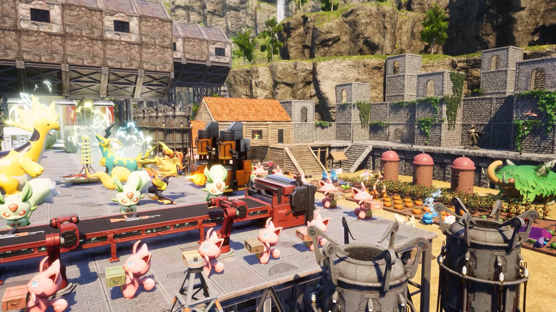 A Palworld base with Pals working at production stations