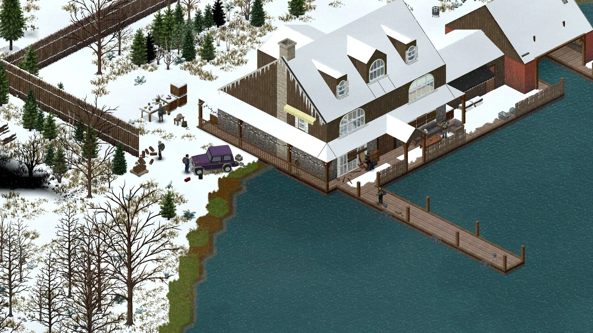 Overlevende deler en base ved søen i Project Zomboid Build 42