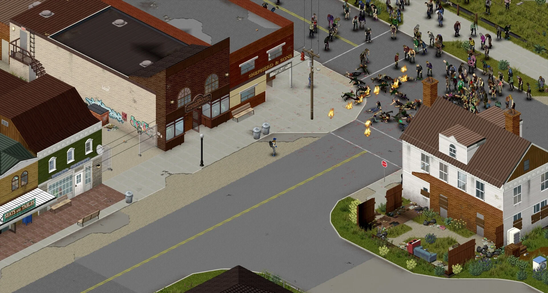 En stor horde af zombier i Project Zomboid, den største kilde til hukommelsesforbrug