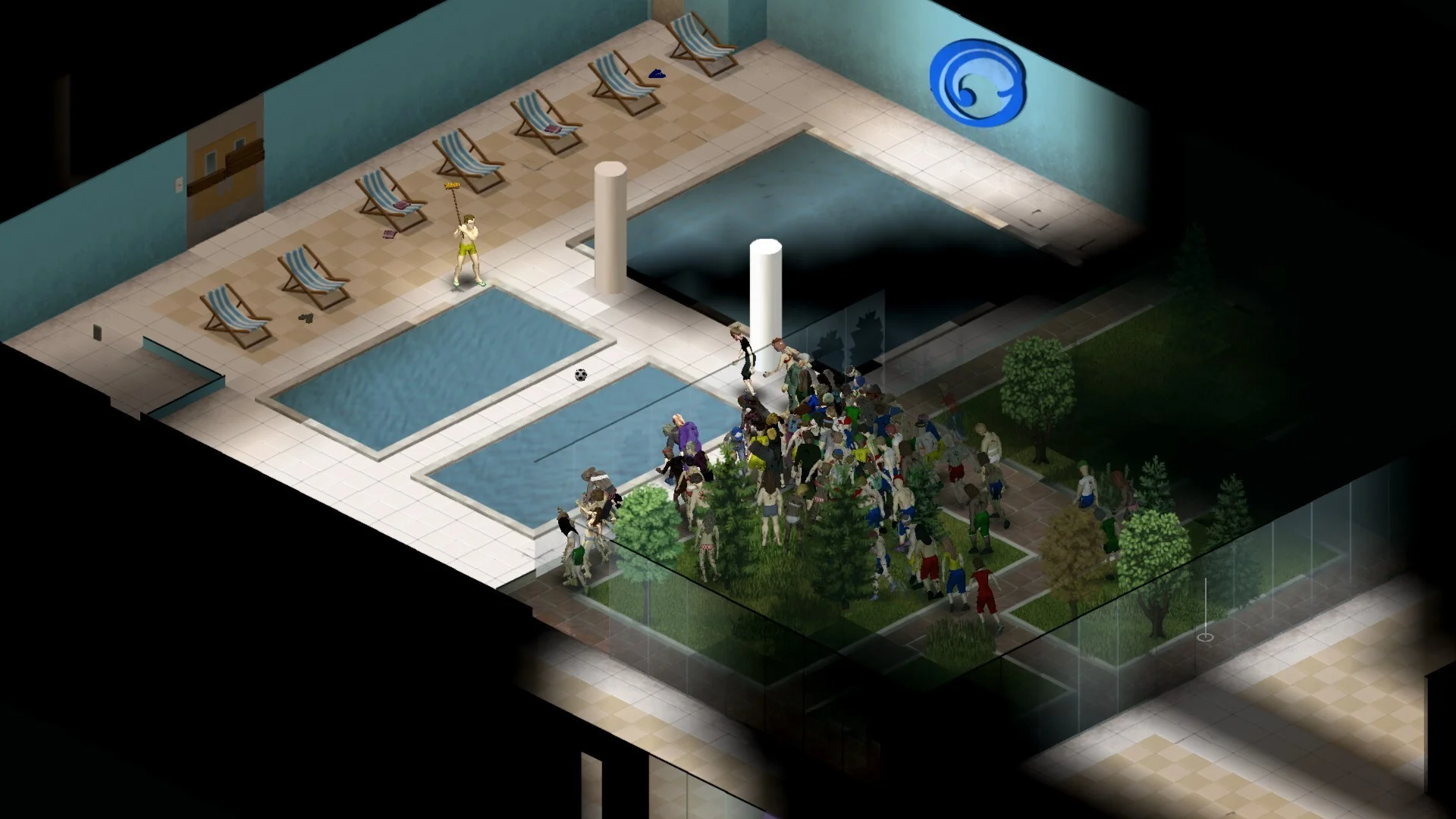A downtown rooftop garden overlooking a city in Project Zomboid