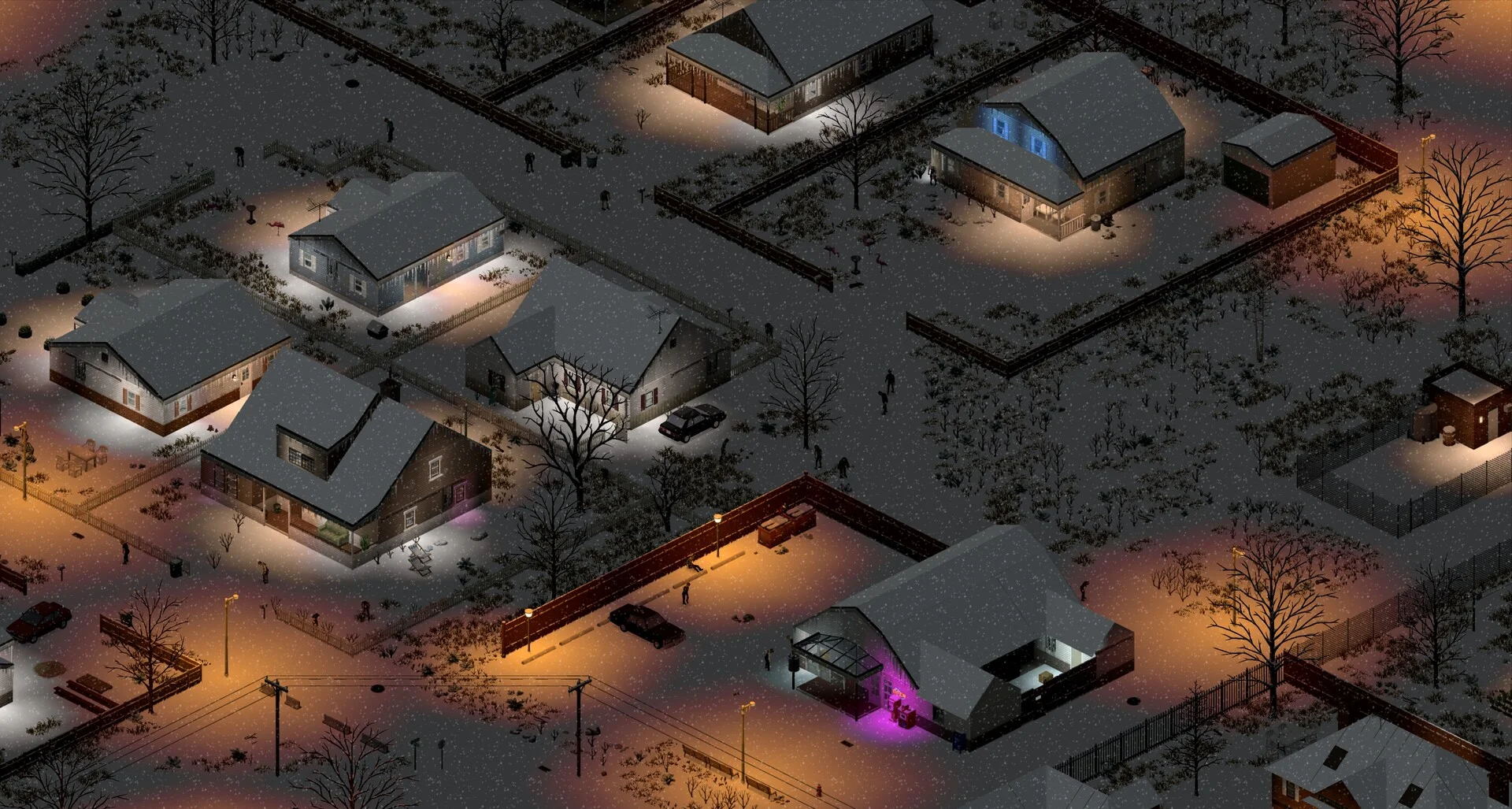 Banlieue enneigée de Project Zomboid la nuit avec des zombies entre des maisons éclairées