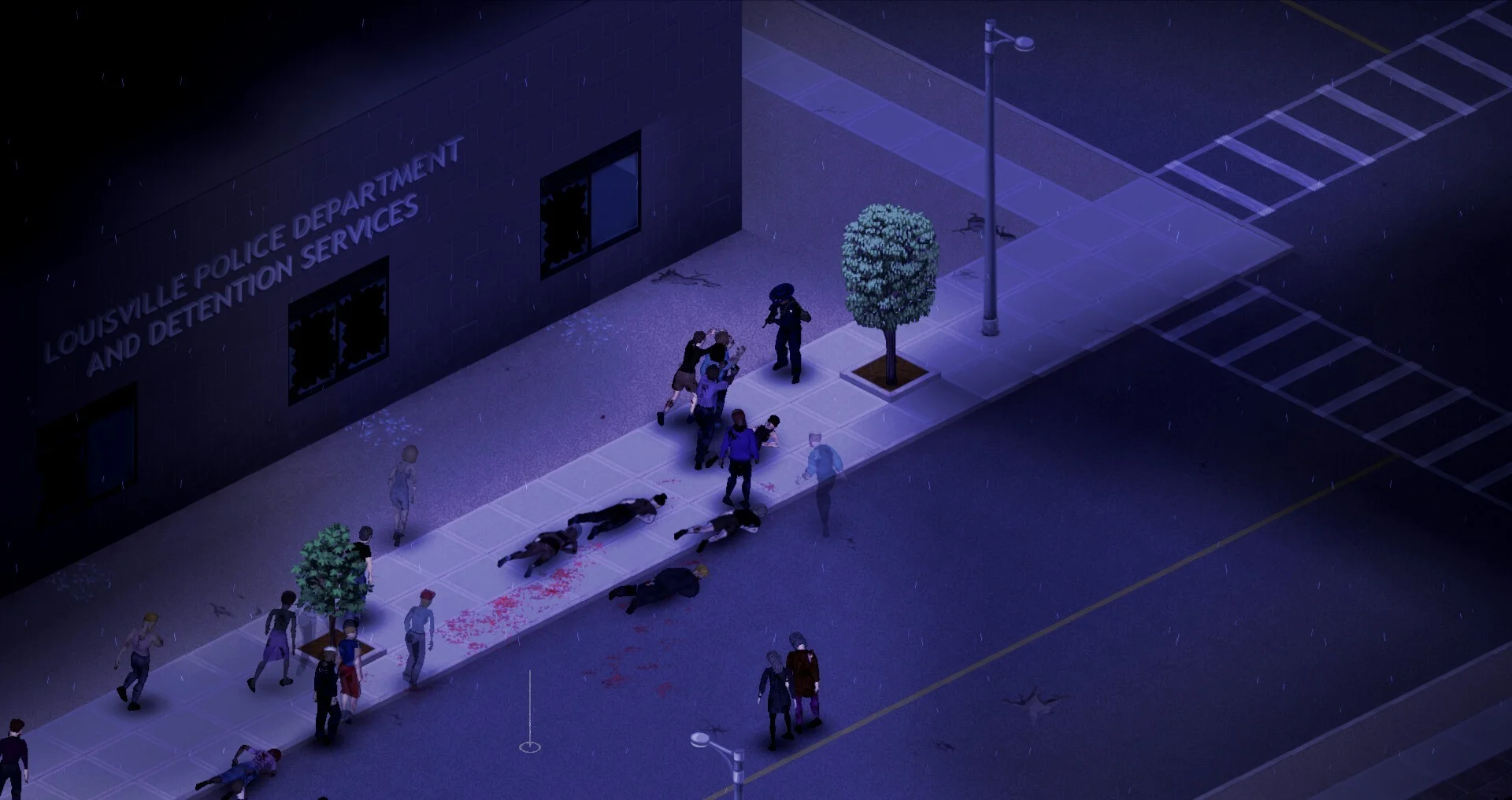 A suburban street with scattered zombies in Project Zomboid