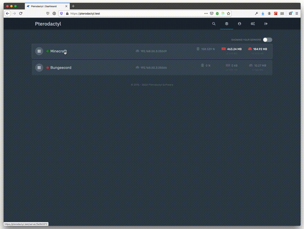Pterodactyl spelserverpanel for hantering av Minecraft-server
