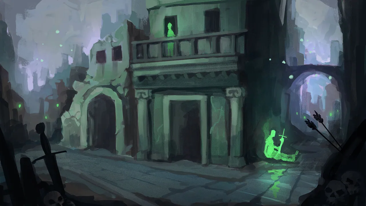 Concept art czwartego biomu Romestead z ruinami w zielonym upiornym świetle