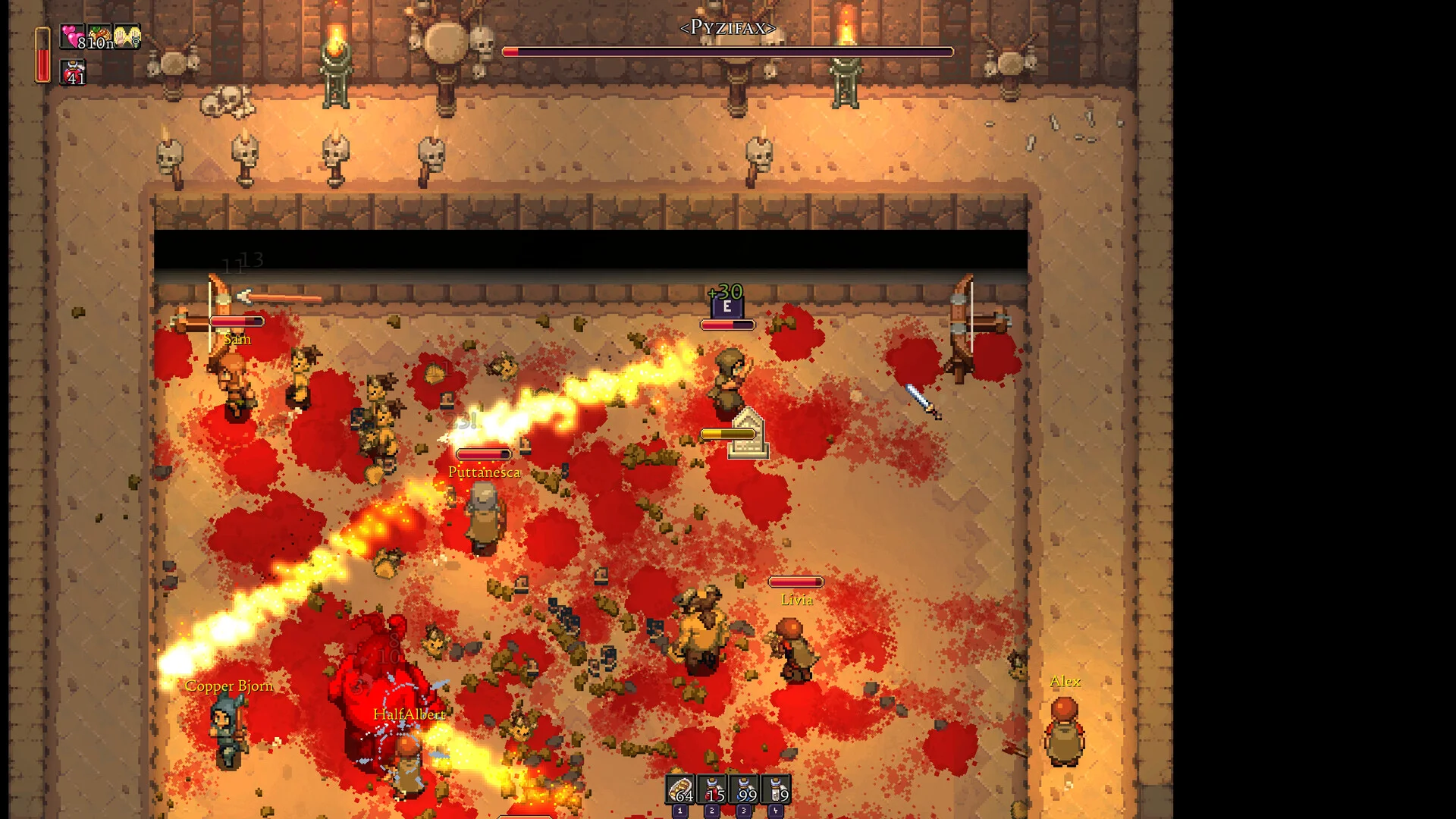 Otte spillere kæmper sammen mod en boss i et Romestead-dungeon
