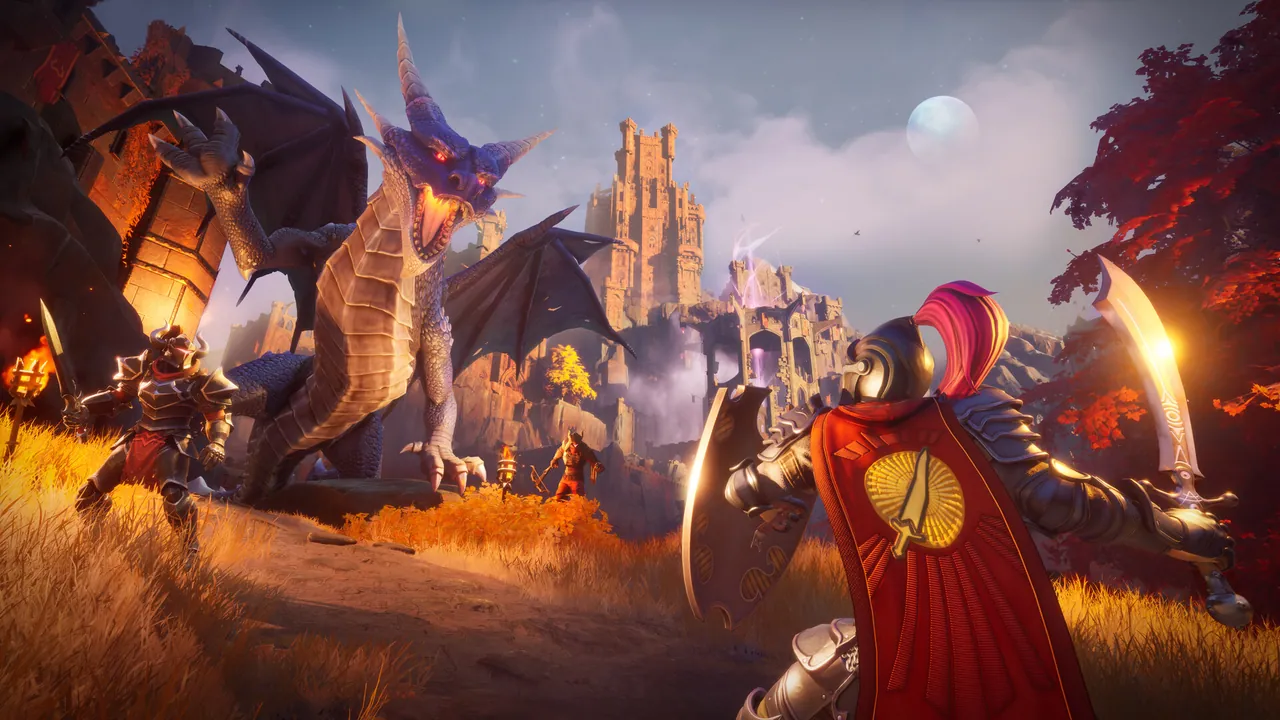 Dragonwilds-party mot en drake under aurora