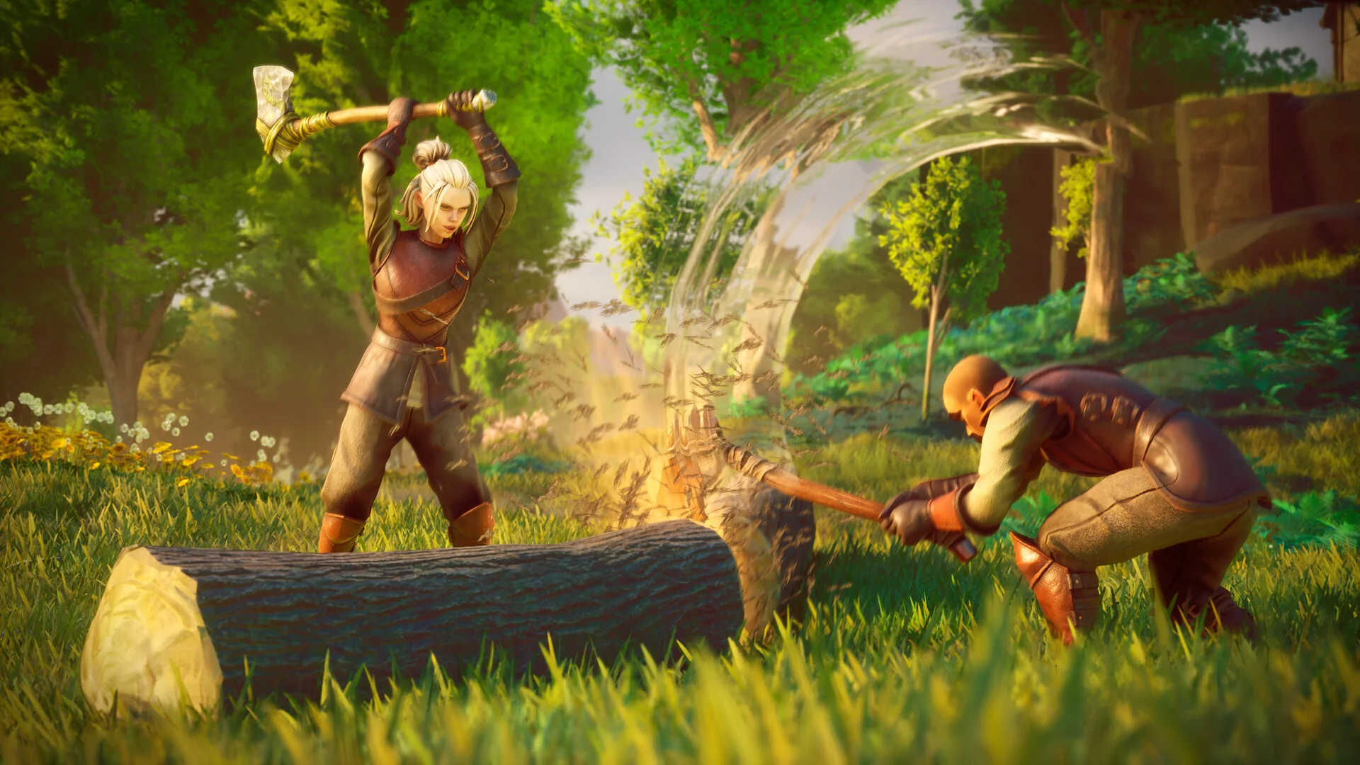 Two players chopping wood together on a RuneScape: Dragonwilds dedicated server