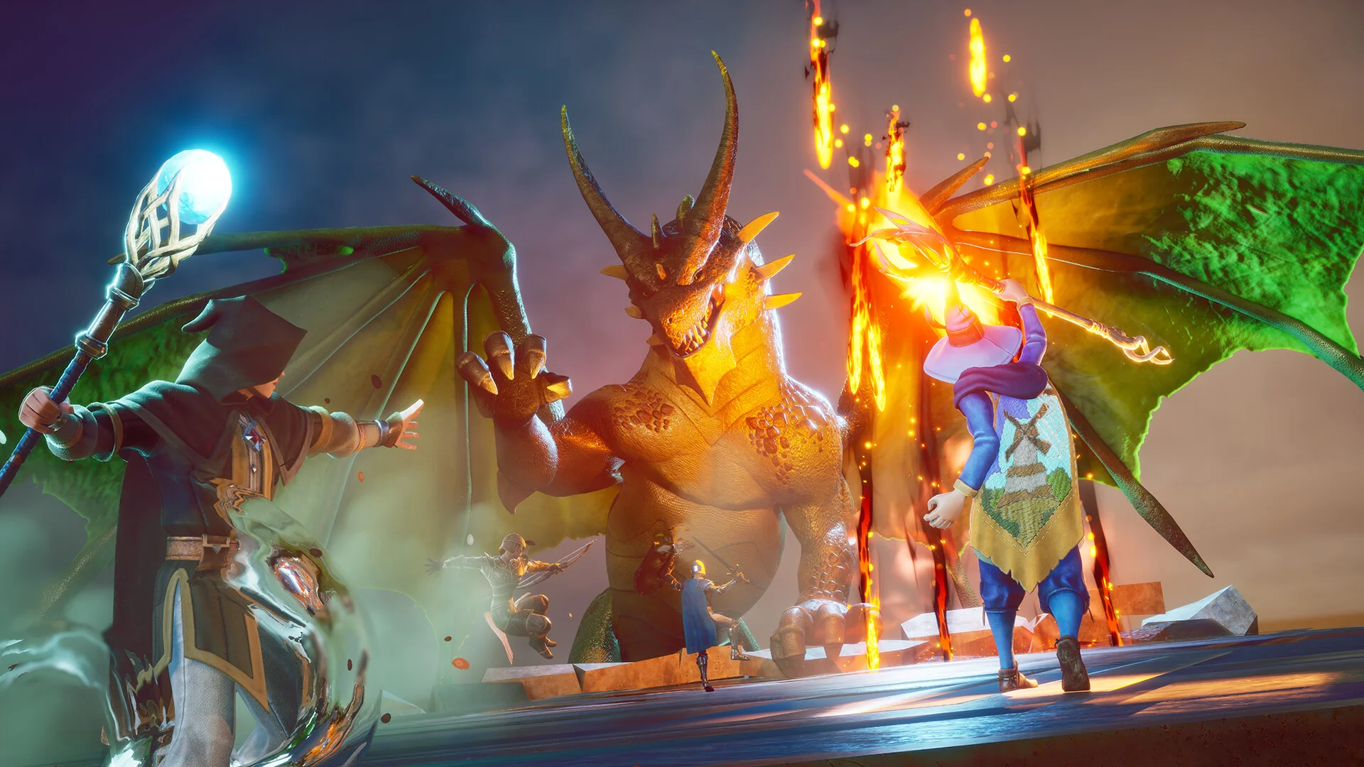A party of players fighting a dragon in RuneScape: Dragonwilds, part of Kuldra's Saga in the 1.0 build
