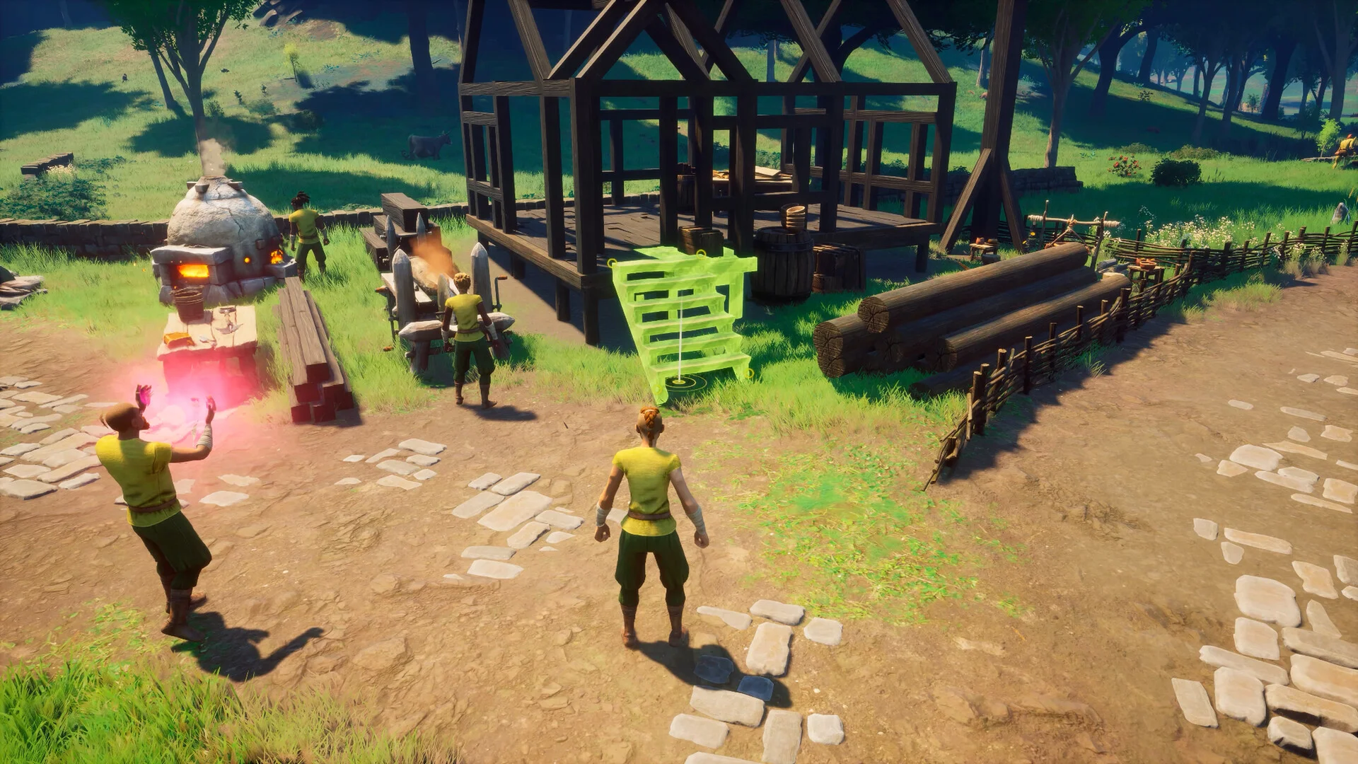 En gruppe spillere bygger en bindingsværksbosættelse i RuneScape: Dragonwilds, præcis det fremskridt et verdens-save gemmer