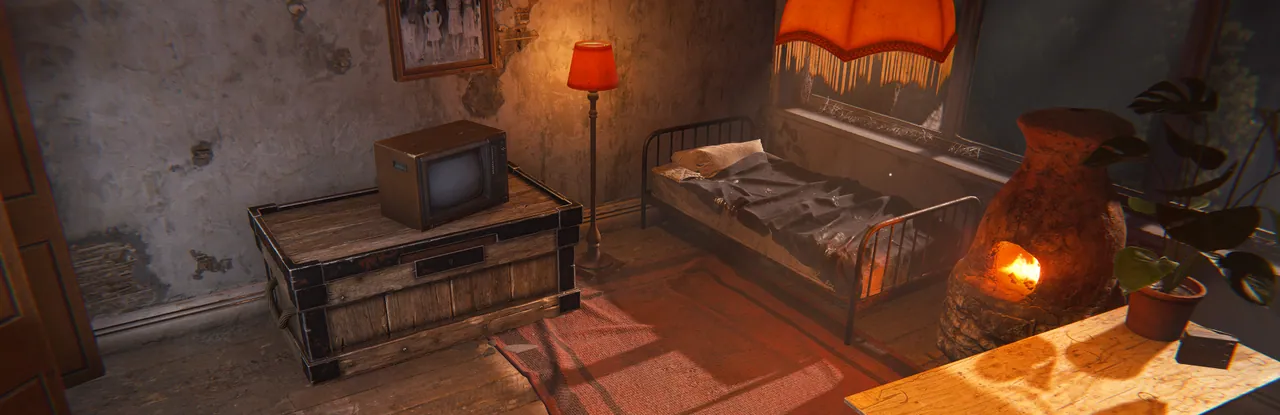 Rust apartment interiør, TV, seng, opbevaringskasse i et lejet værelse