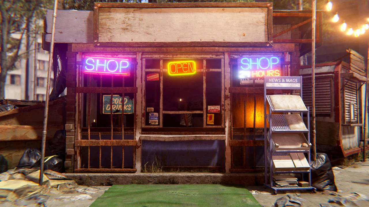 Rust rentable shop med SHOP og OPEN neonskilte
