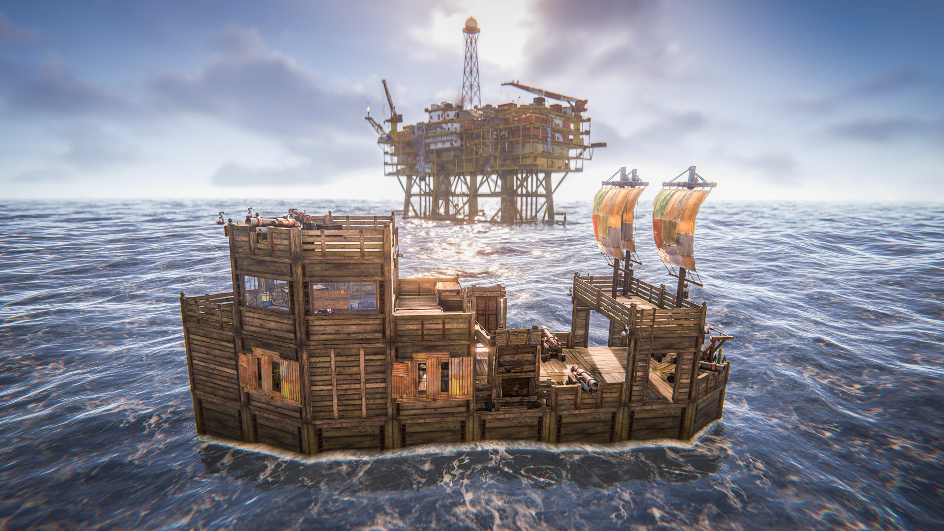 Rust ocean base with sails near oil rig