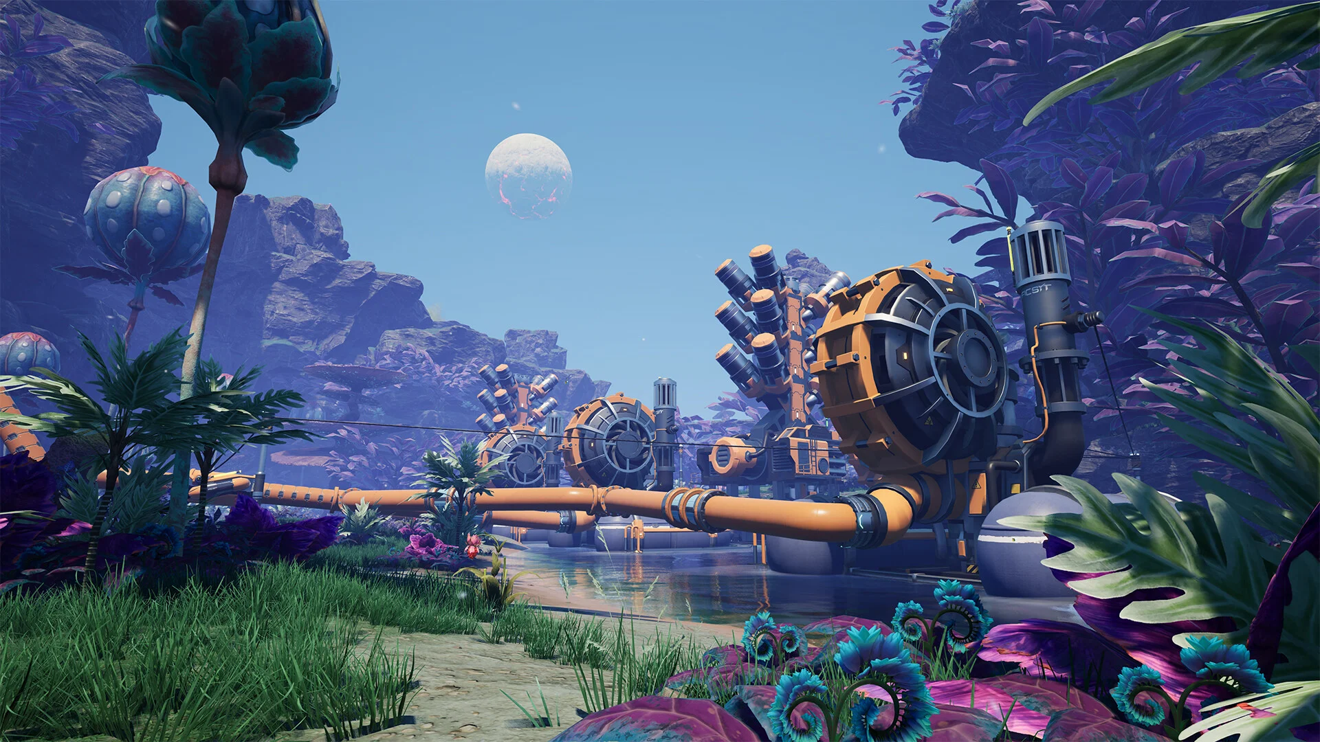 Satisfactory pipeline running through alien flora in a hazardous biome