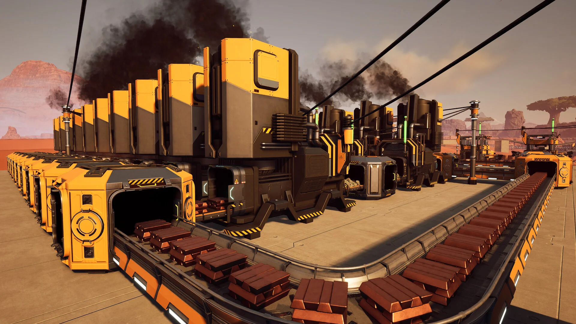 Satisfactory smelter line running through a desert with red mesas behind it