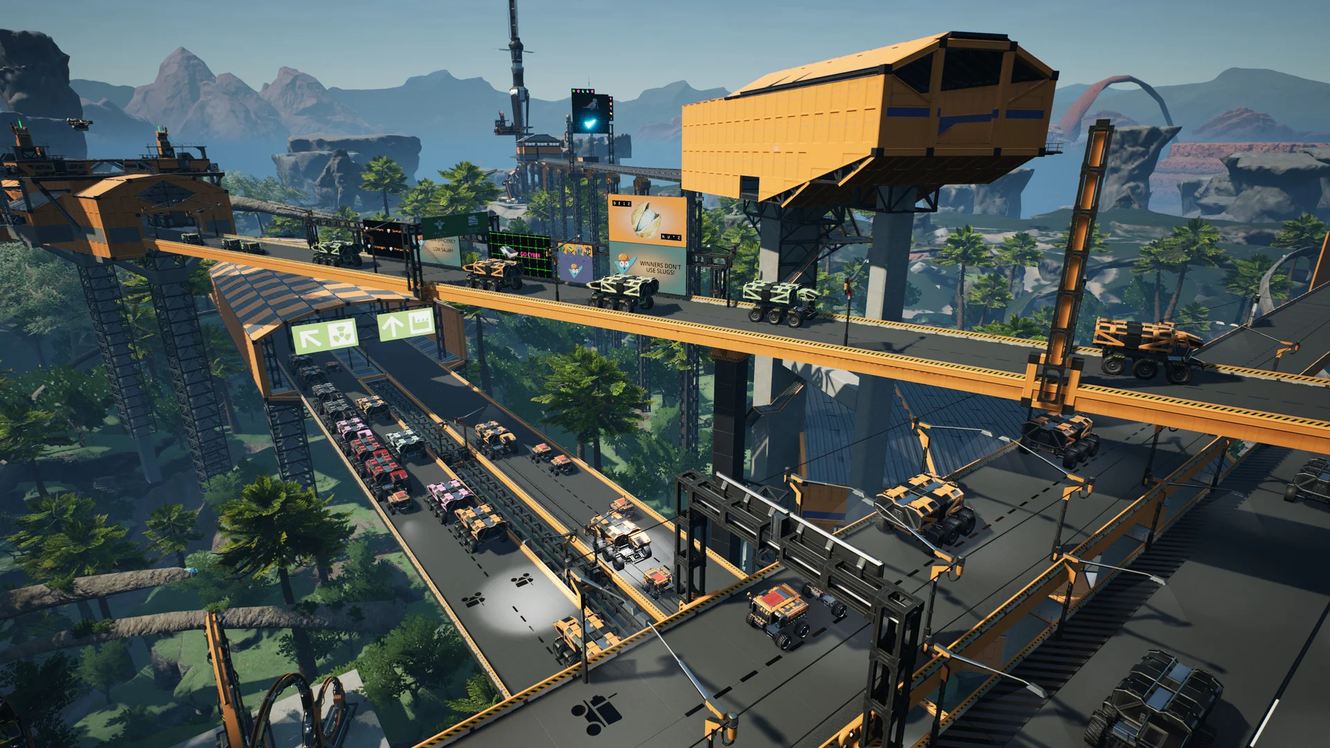 Satisfactory rail and truck logistics running through a jungle megabase
