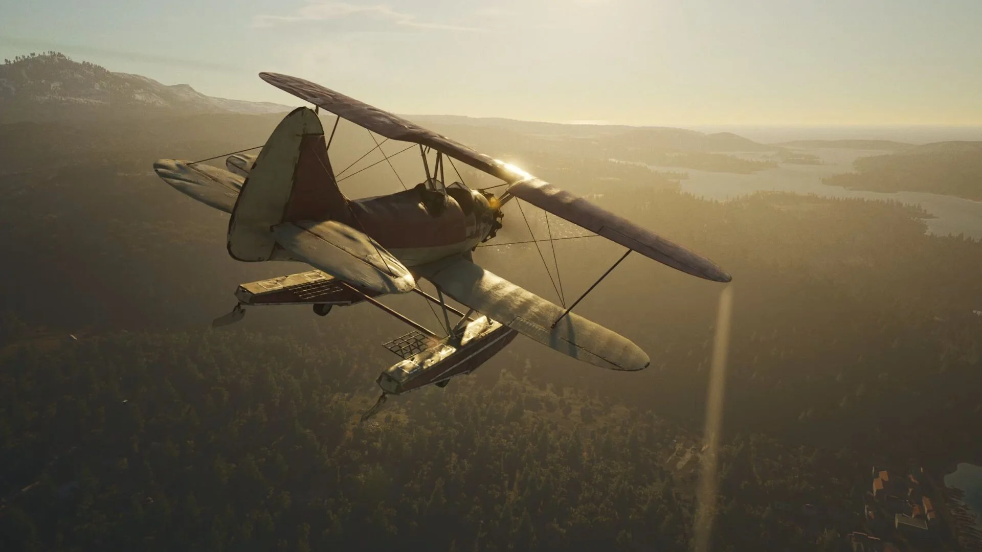 SCUM seaplane flying over the island at sunset