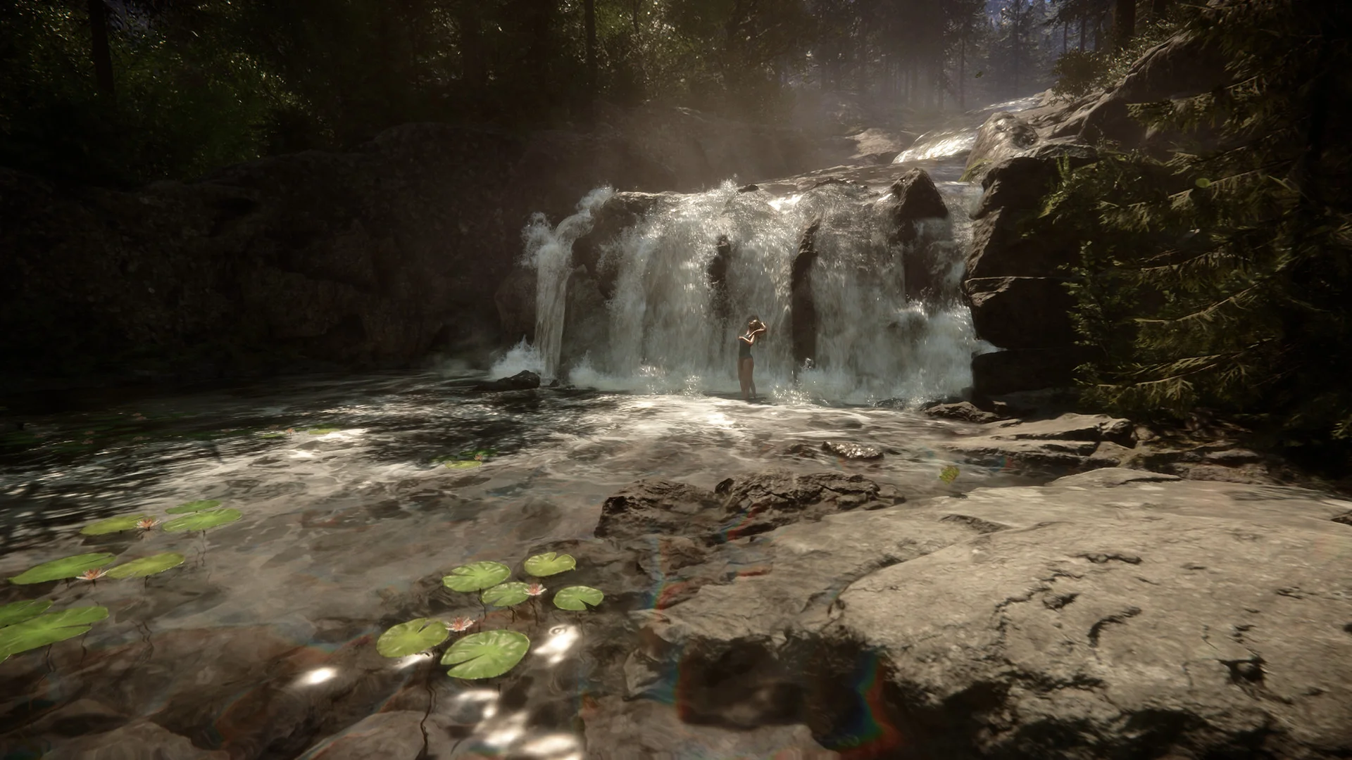 A freshwater lake and waterfall inland on the island