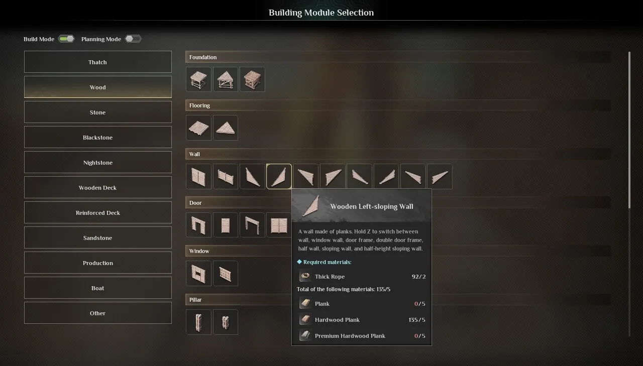 Building Module Selection-panelen i Soulmask med kategorierna Thatch, Wood, Stone, Blackstone och Nightstone