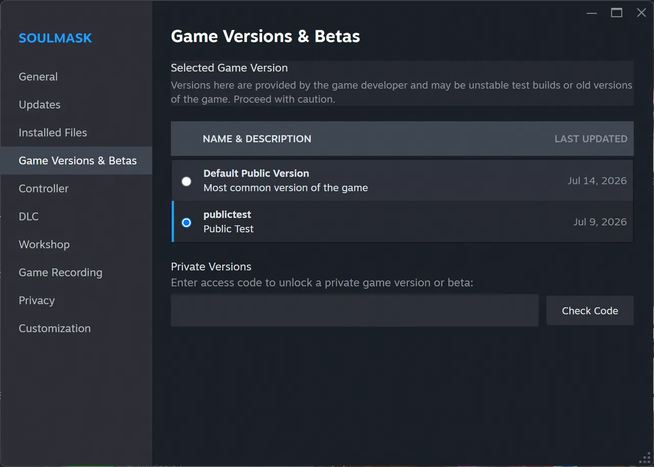 Steam Game Versions & Betas-panelen visar publictest-branchen vald utan åtkomstkod