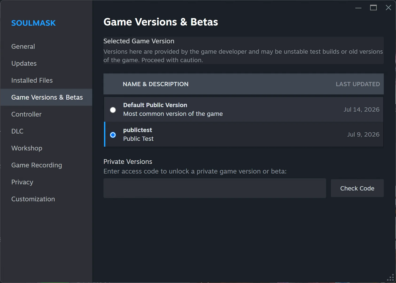 Lista rozwijana betas na Steamie z wybraną gałęzią publictest dla Soulmask