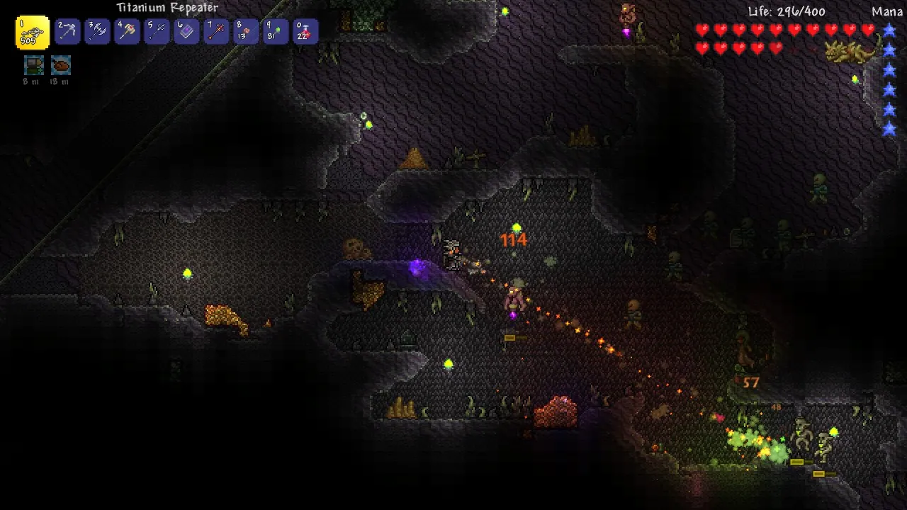 Terraria-grottstrid med damagesiffror, illustrerar vapenbalans och classloadouts