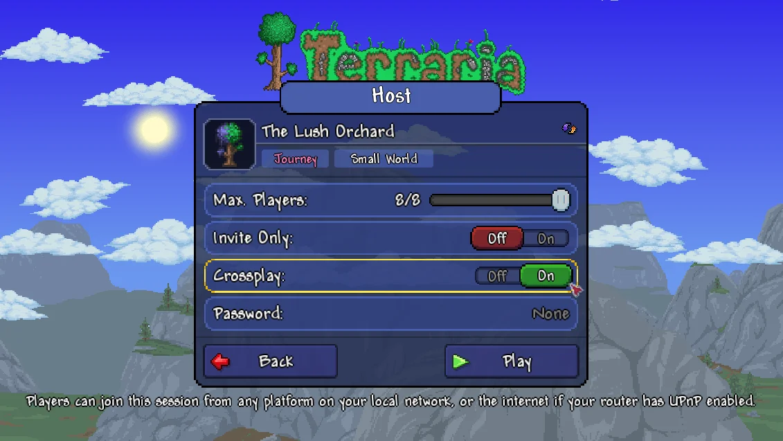 Terraria-Host-Bildschirm mit dem neuen Crossplay-Schalter neben Invite Only und Password