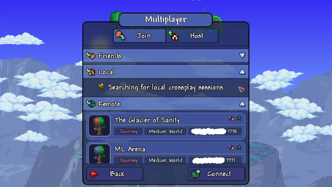 Terrarias Multiplayer-Beitrittsbildschirm mit den Listen Friends, Local und Remote
