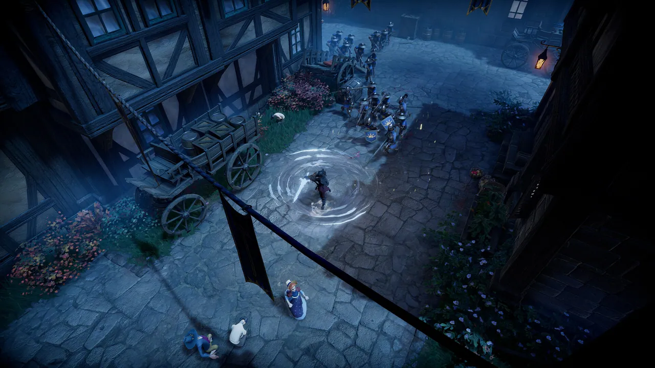 V Rising town PvP combat with a vampire casting a spell on guards