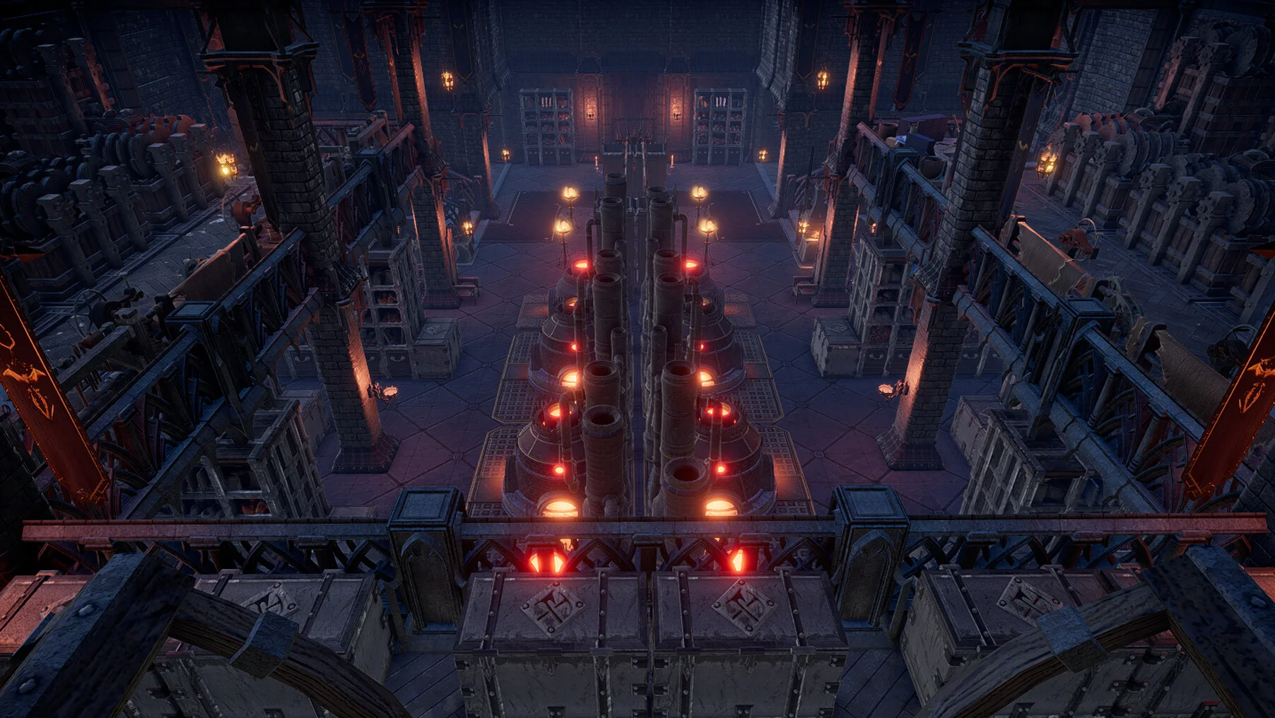 La halle de forge d'un château de vampire éclairée par des rangées de fours incandescents, V Rising