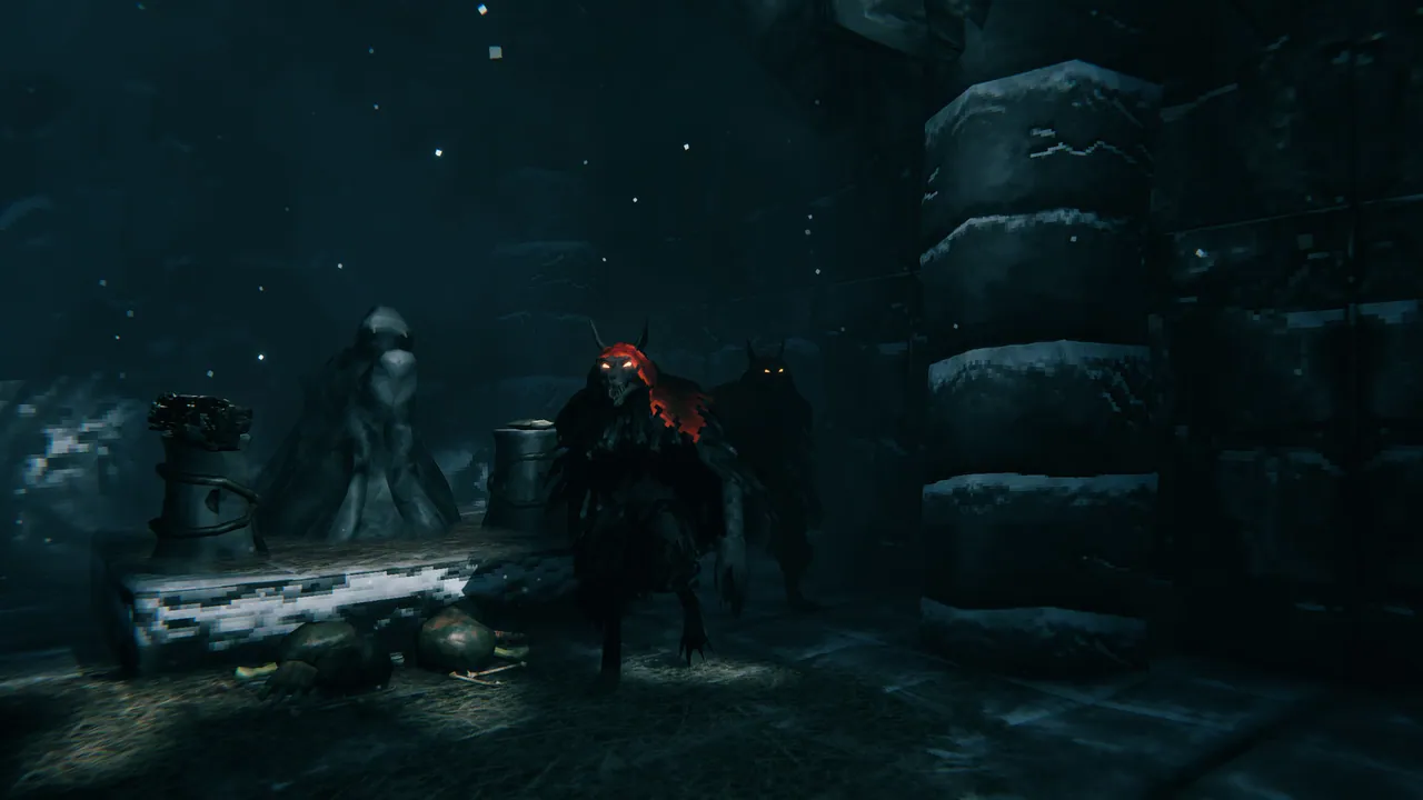 A new enemy creature lurking in a dark Valheim dungeon, hinting at the content coming with 1.0