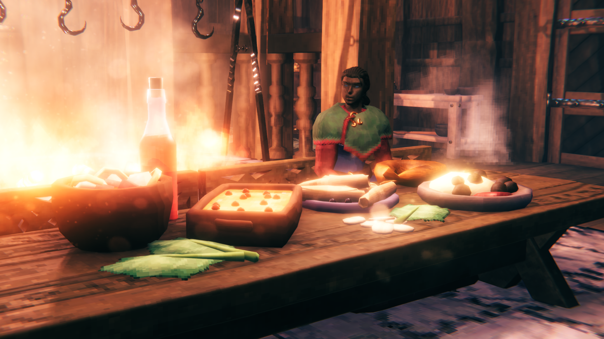 Valheim Deep North-madlavning — frikadeller med tyttebær på en trætallerken