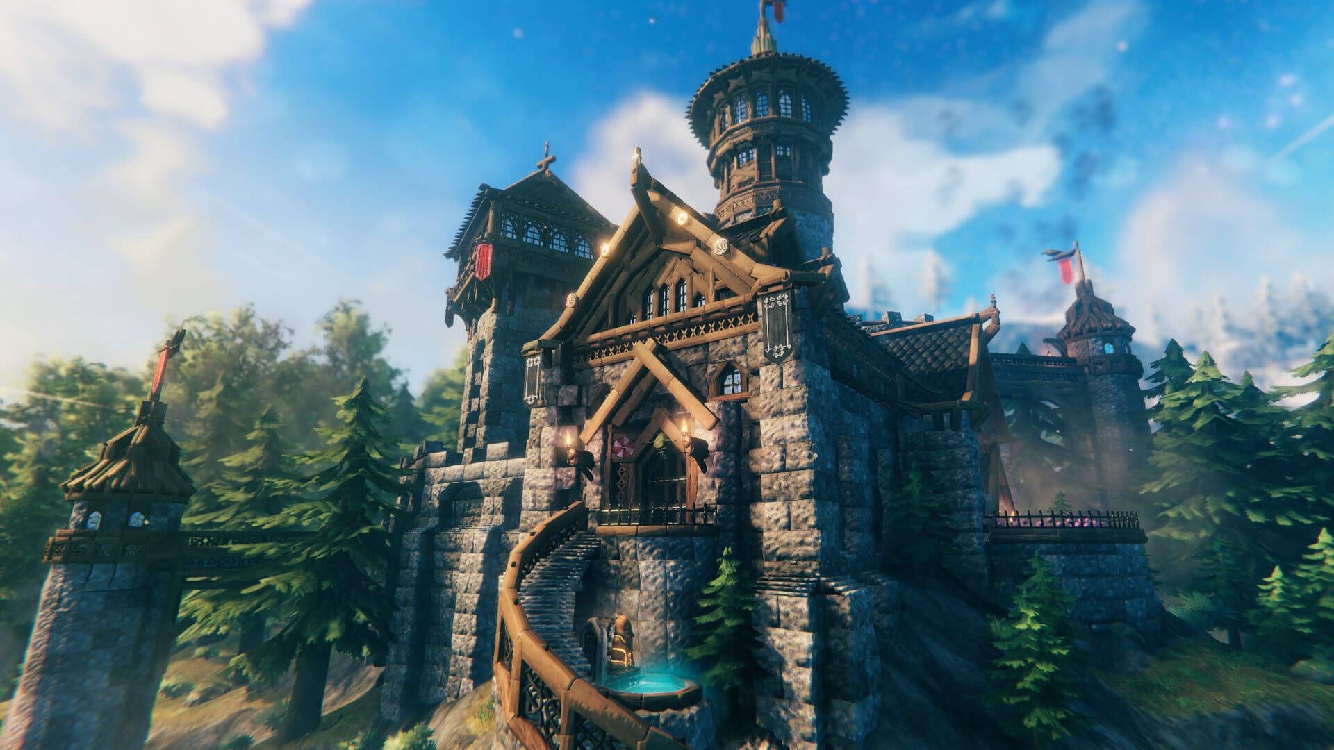 Valheim player-built castle with stone tower and banners