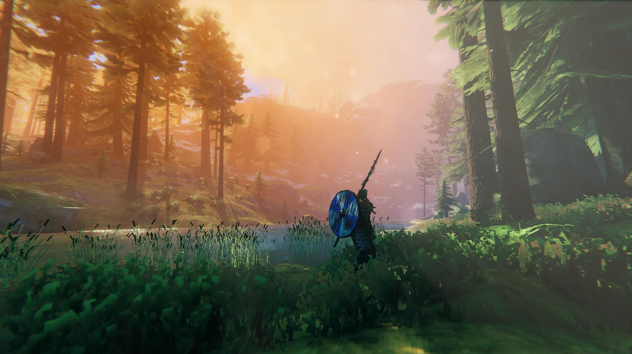 Valheim meadows biome - Viking warrior with shield and spear