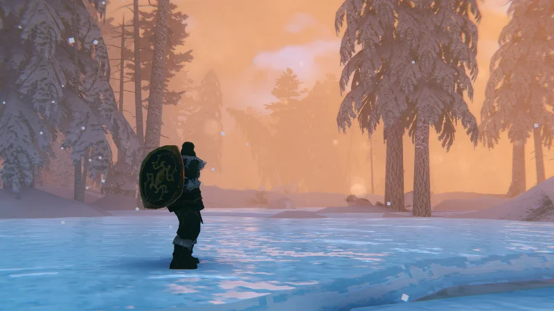 Valheim Patch 1.0.17 banner, en viking med rundsköld går genom en snötäckt skog i Deep North i skymningen
