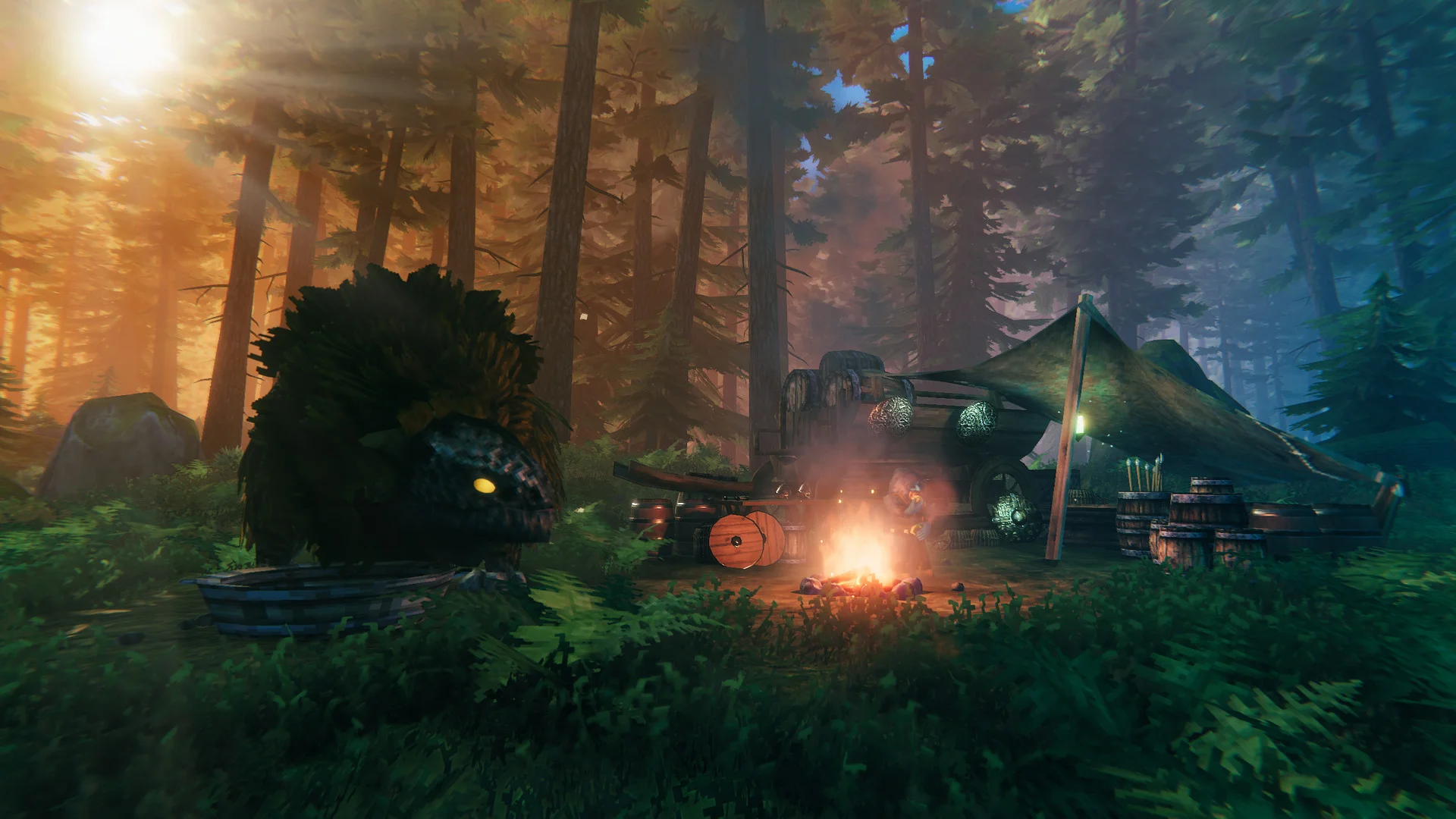 Mroczny Black Forest w Valheim z ogniskiem