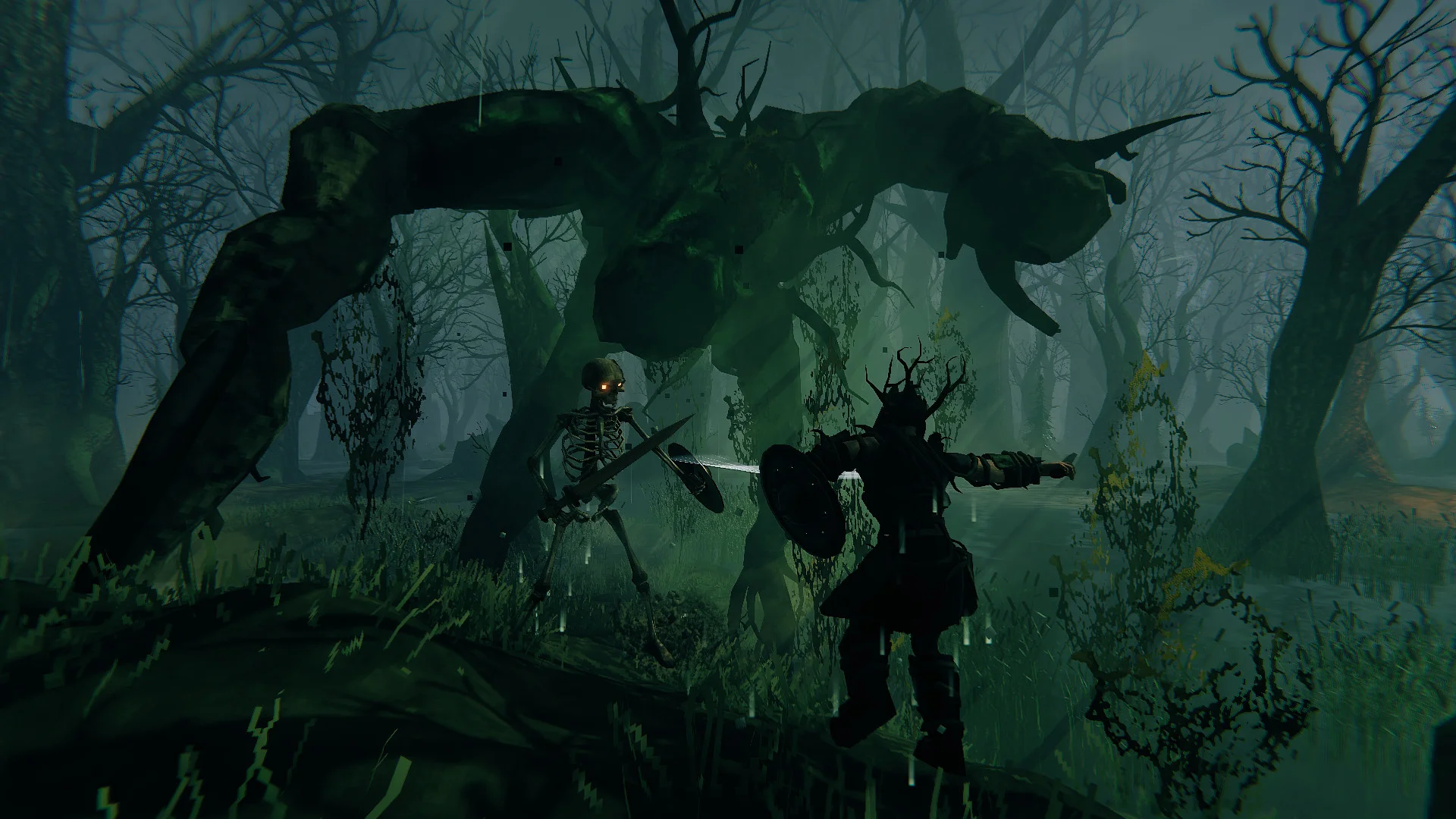 Mglisty Swamp w Valheim o zmierzchu