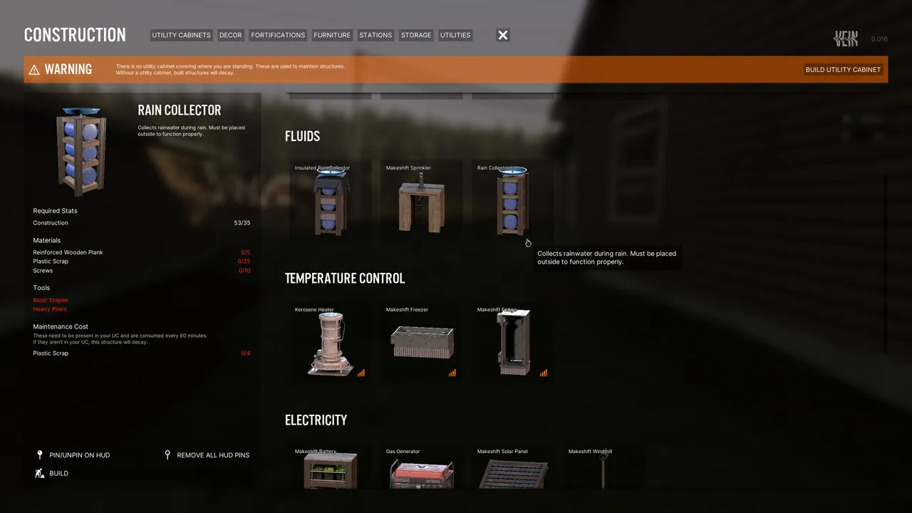 VEIN construction-menu med rain collector i Fluids-fanen