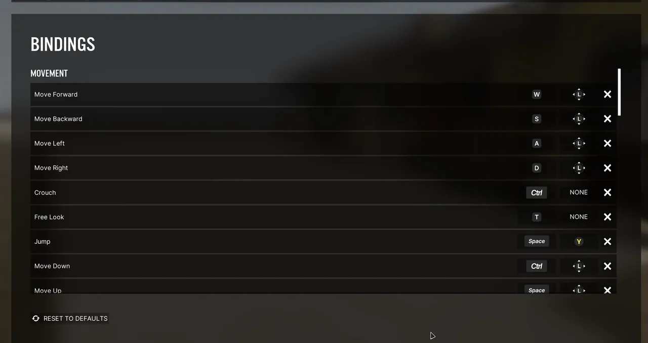 VEIN controller bindings screen, showing separate mouse and gamepad columns
