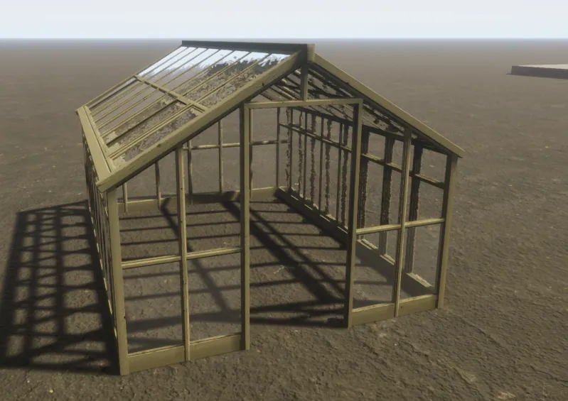 A wireframe VEIN greenhouse building with glass panels