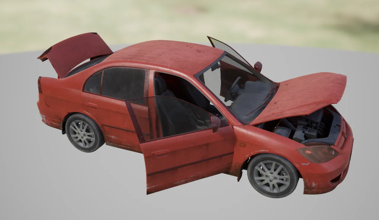 Neuer VEIN-Sedan mit geöffneten Türen, Motorhaube und Kofferraum