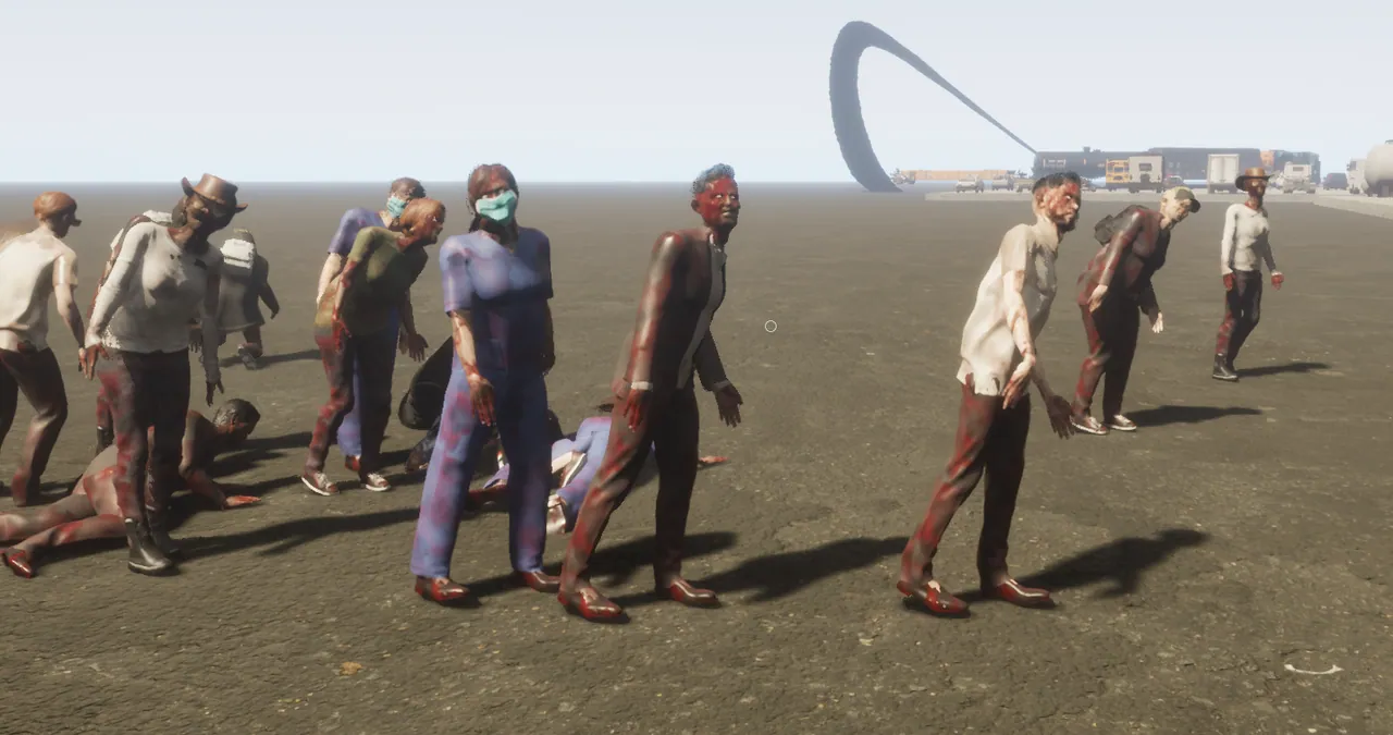 Row of new VEIN zombie variants standing on a road, including a hat wearer and a nurse in scrubs