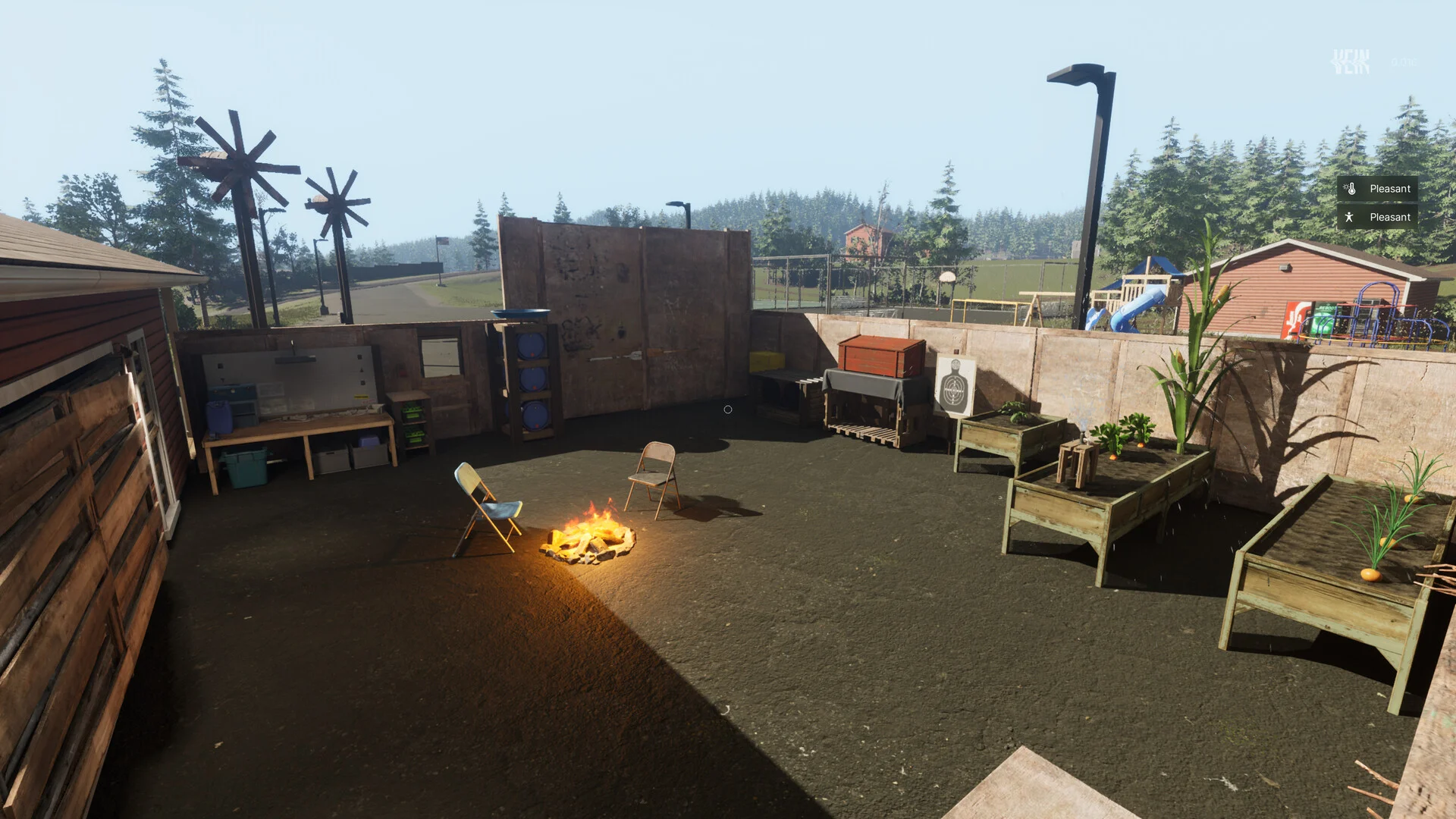A fortified backyard base in VEIN with a campfire, planters and a workbench