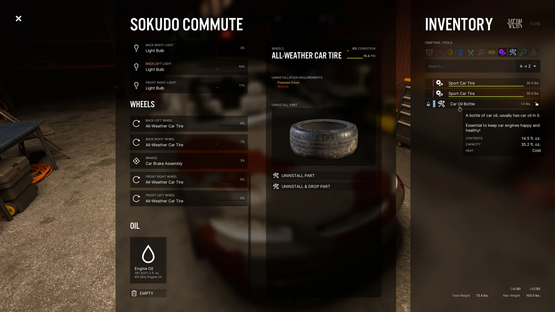 The Sokudo Commute vehicle parts screen in VEIN showing wheel condition and engine oil