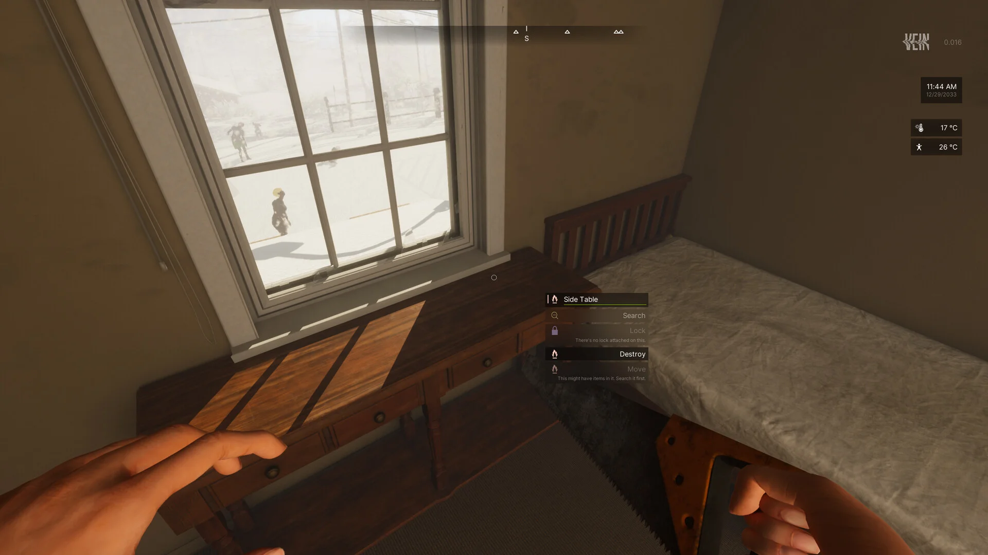 Snowy street in VEIN seen through a window, with zombies moving outside