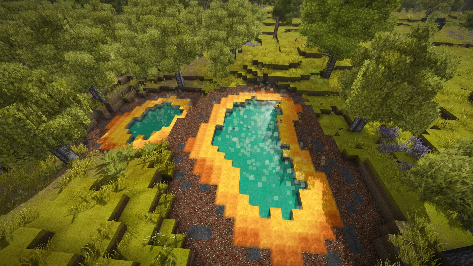 Copper deposits breaking the surface in a forested valley
