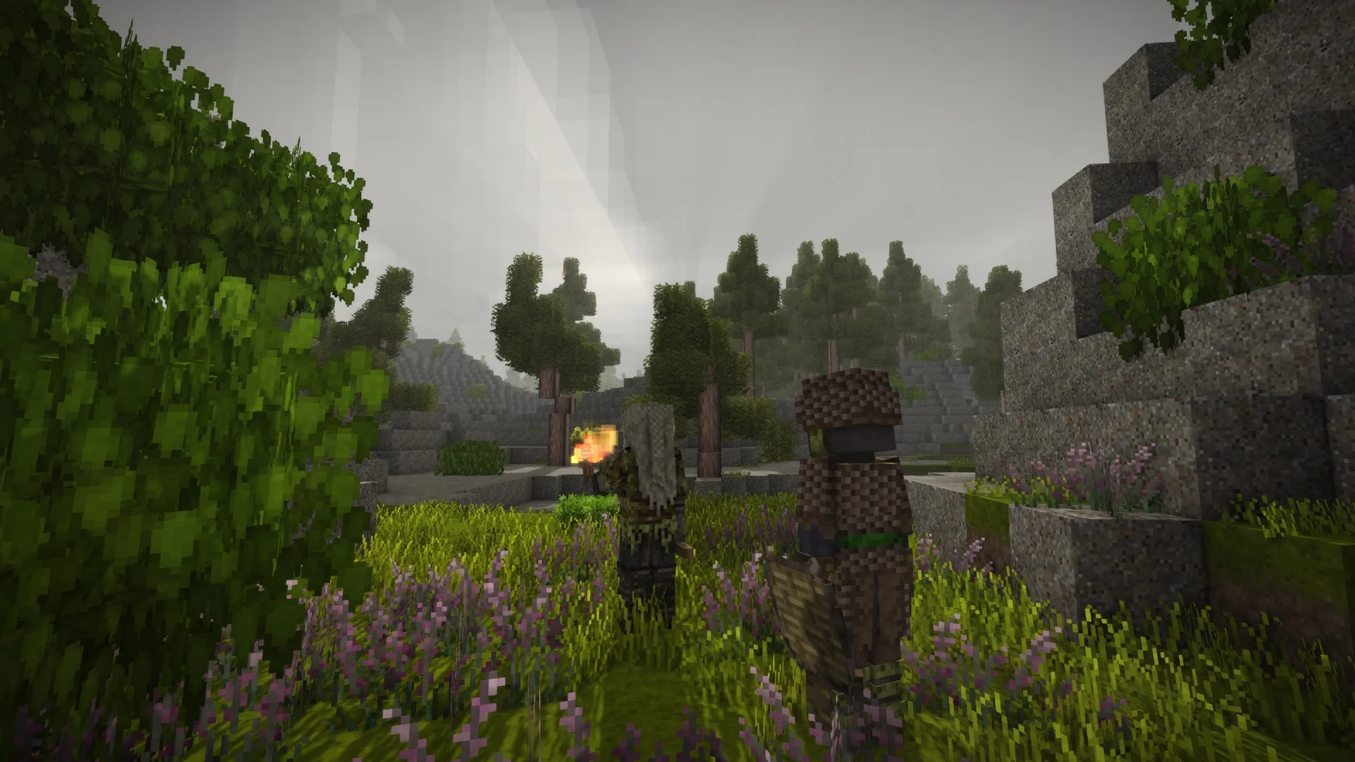 Two players in armour meeting near overgrown stone ruins