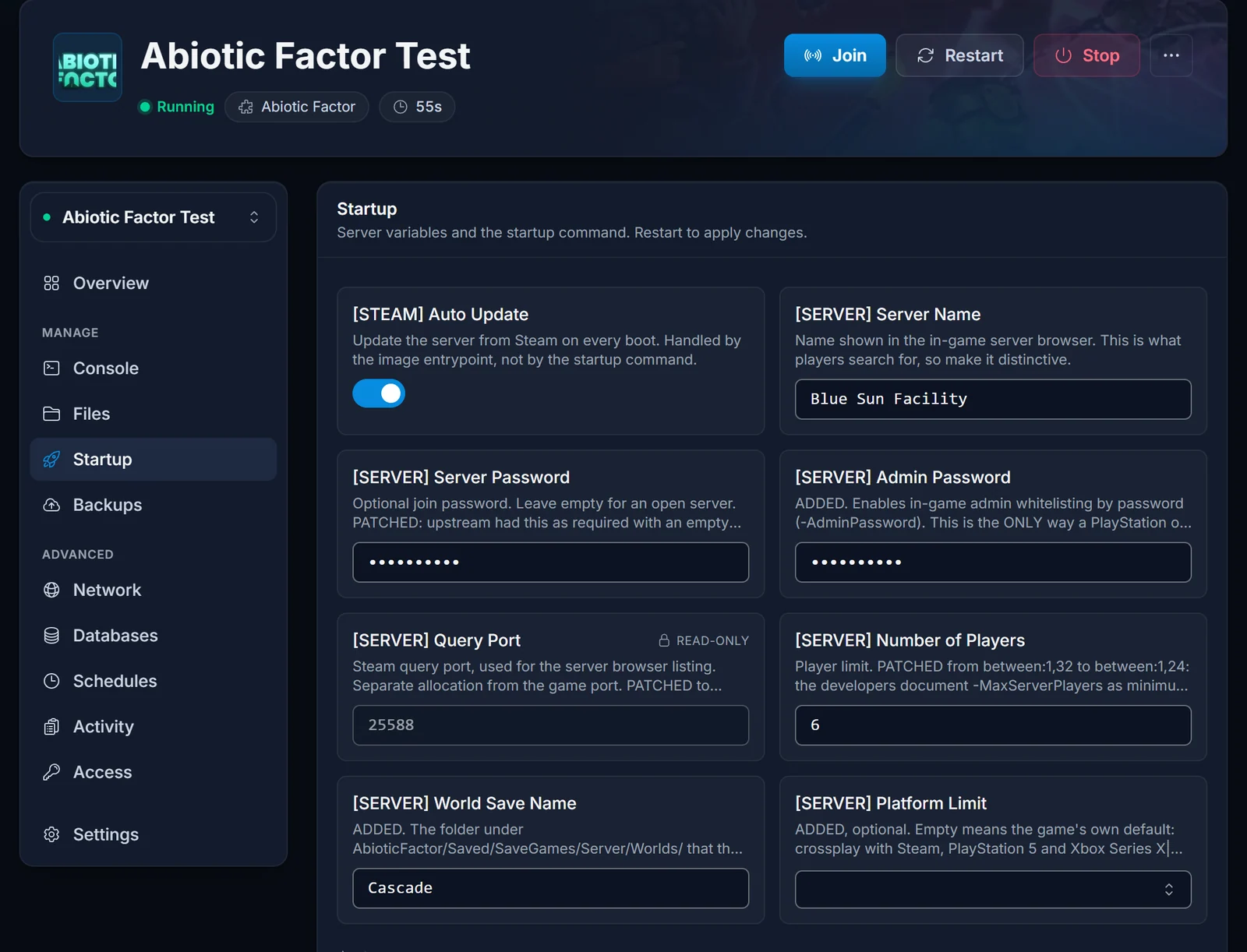Zakładka Uruchamianie dla Abiotic Factor z wypełnionym Server Name oraz ukrytymi Server Password i Admin Password